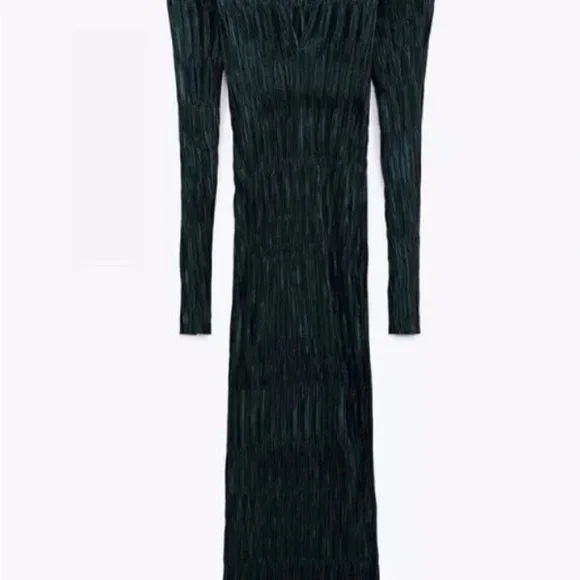 Zara Pleated Maxi Dress Green Long Sleeve Sculptural Textured Size M - Picture 7 of 7